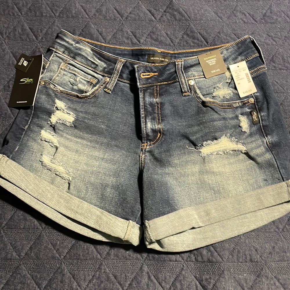 BNWT Silver distressed boyfriend mid-rise shorts. Size 28